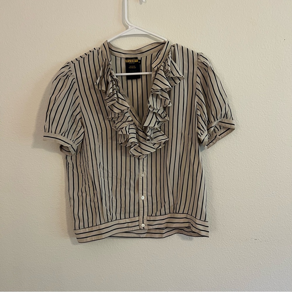 Vintage 100% Silk Ralph Lauren Rugby Striped Ruffle Blouse - Picture 2 of 5